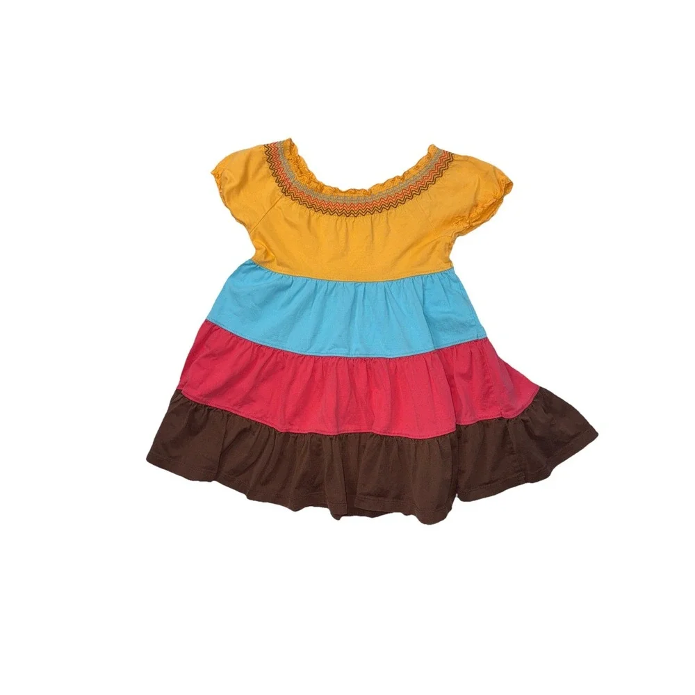 Hanna Andersson Toddler Girls Tiered Short Sleeve Dress Brown Pink Blue  Size 3T